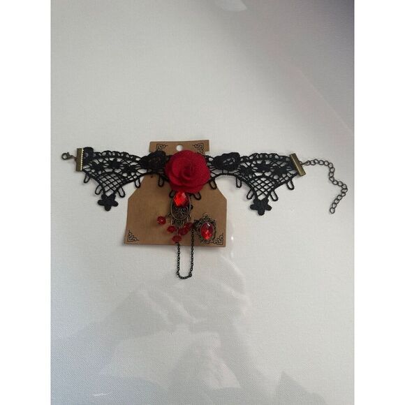 Vampire Red Rose Black Lace Gothic Baddie Wristband Chain with Adjustable Ring - Picture 6 of 6
